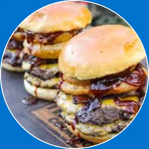 “Burger with bacon, cheese, and BBQ sauce.”