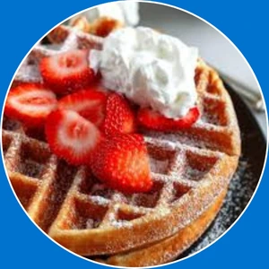 “Crispy Belgian waffle served with syrup.”