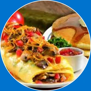 “Omelette filled with hearty steak and cheese.”