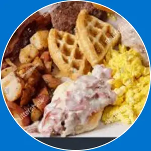 “Breakfast Sampler Deal featuring a variety of breakfast favorites like pancakes, eggs, bacon, and toast for a complete meal.”