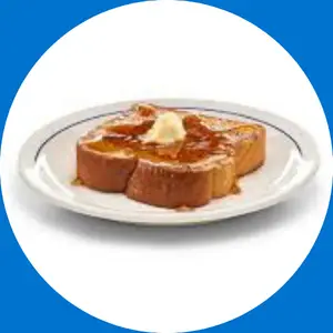 “French toast topped with caramel and cinnamon-spiced apples.”