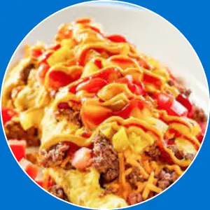 “Omelette filled with ground beef, cheese, and toppings.”