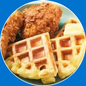 “Crispy chicken served with golden waffles.”