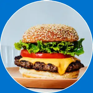 “Juicy cheeseburger with fresh lettuce, tomato, and cheese.”