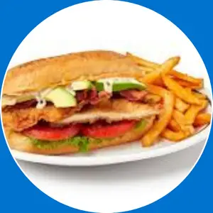 “Sandwich with crispy fried chicken, lettuce, and tomato.”