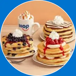 “Family Pancake Combo featuring a stack of fluffy pancakes served with eggs, bacon, and syrup for a complete breakfast meal.”