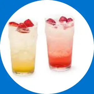 “Bright red fruit punch served in a glass with ice.”