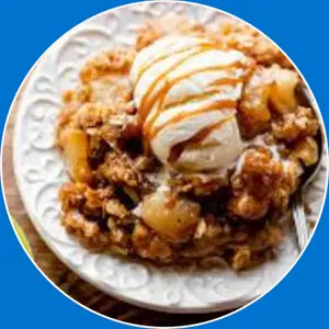 “Warm apple crisp made with baked spiced apples and a crunchy oat topping.”