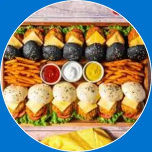“Burger sliders platter featuring mini juicy burgers with fresh toppings, served with sides for sharing.”