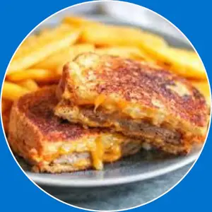 “Grilled patty melt with beef, cheese, and toasted bread.”