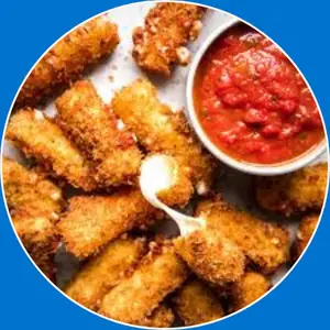 “Crispy mozzarella sticks served with dipping sauce.”