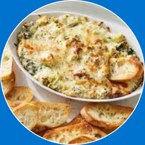“Creamy spinach and artichoke dip served with chips.”