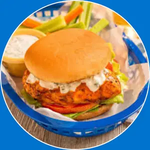 “Grilled sandwich with spicy buffalo chicken and melted cheese.”