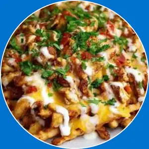 “French fries topped with cheese, bacon, and toppings.”