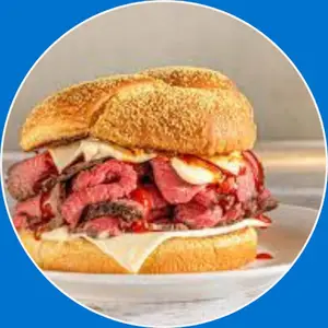 “Sandwich filled with sliced roast beef and fresh toppings.”