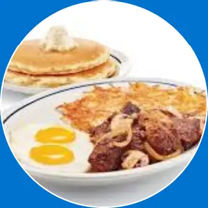 “Sirloin steak tips served with eggs and sides.”