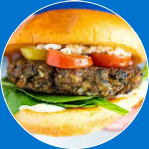 “Burger made with a vegetable patty and fresh toppings.”